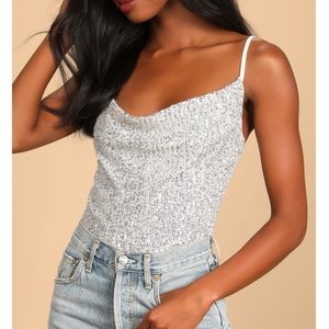 Lulu’s Midnight Soirée Sequin Cowl Neck Body Suit - Silver